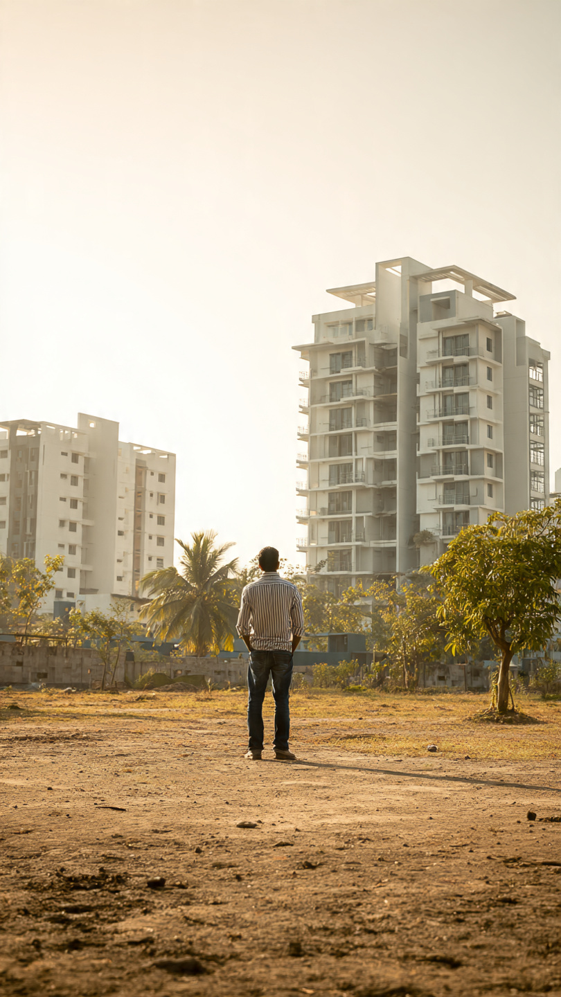 a landowner standing thoughtfully on an empty